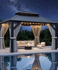 Hardtop Outdoor Gazebo With Aluminum Frame And Double Galvanized Steel Roof For Patio Backyard Or Deck Curtain Netting Included Dark Grey 10x12 Pergola Built To Weather The Elements at night by pool