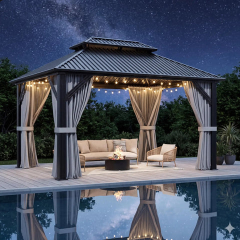 Hardtop Outdoor Gazebo With Aluminum Frame And Double Galvanized Steel Roof For Patio Backyard Or Deck Curtain Netting Included Dark Grey 10x12 Pergola Built To Weather The Elements at night by pool