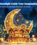 Moon City 3D DIY Puzzle With LED Light, Wooden Night City Model For Adults displayed with illuminated crescent moon and stars