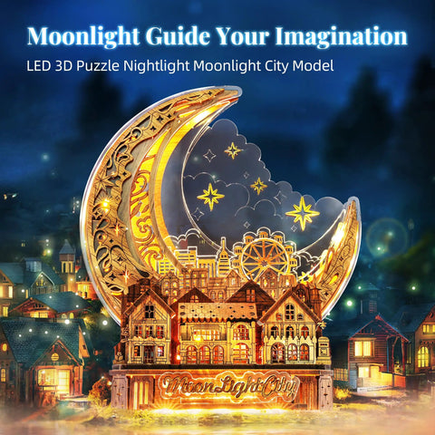 Moon City 3D DIY Puzzle With LED Light, Wooden Night City Model For Adults displayed with illuminated crescent moon and stars