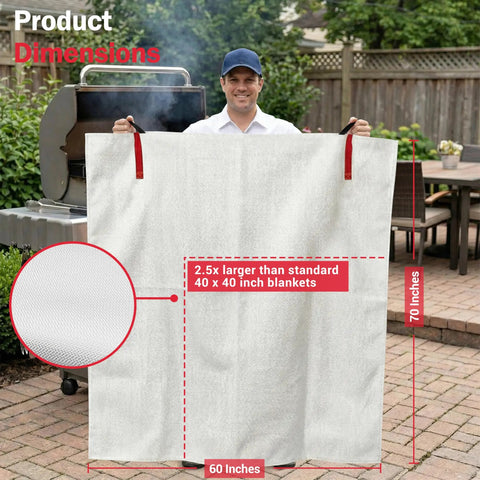 Extra Large 60 By 70 Inch Fiberglass Fire Blanket For Grills BBQs Campfires And Tailgating With Patent Pending Safety Handles shown in use