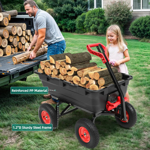 Heavy Duty 1200 Lb Dump Cart With 7 Cu Ft Capacity All Terrain 13 Inch Wheels 2 In 1 Handle loaded with firewood