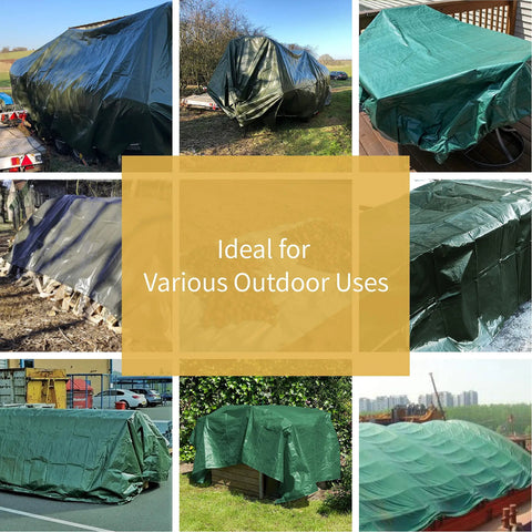 Collage of Green Waterproof Tarp 16x20 Feet Heavy Duty All Purpose Poly Cover With 7 Mil Thickness Weatherproof Reusable Outdoor Shield