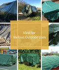 Collage of Green Waterproof Tarp 20x25 Feet 7 Mil Medium Duty All Purpose Poly Tarp With Heat Sealed Seams Rope Hem in outdoor use