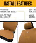 Installation features of Universal Nylon Duck Canvas Fitted Bucket Seat Cover for Work Trucks, highlighting secure fit straps