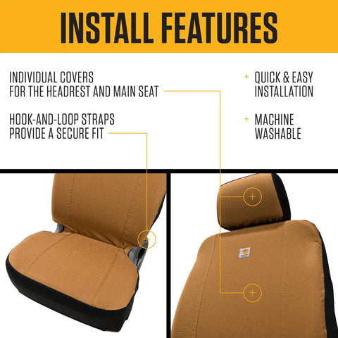 Installation features of Universal Nylon Duck Canvas Fitted Bucket Seat Cover for Work Trucks, highlighting secure fit straps
