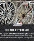 Before and after results of Ultra Shine Aluminum Wheel Polishing Kit with 10 Inch Buffs on forged wheels showcase a mirror finish.