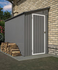 Lean To Metal Shed 4x8 Outdoor Storage Unit For Backyard Garden Patio, Weatherproof Galvanized Steel Walls against brick house