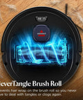 FurForce Robot Vacuum And Mop With No Tangle Pet Brush Roll And LiDAR Navigation For Easy No Fuss Pet Hair Pickup On Hard Floors And Rugs 2X Stronger Suction Liftable Pad 180 Minute Runtime And 60 Day Dust Collection System with glowing brush roll illustration on hardwood floor.