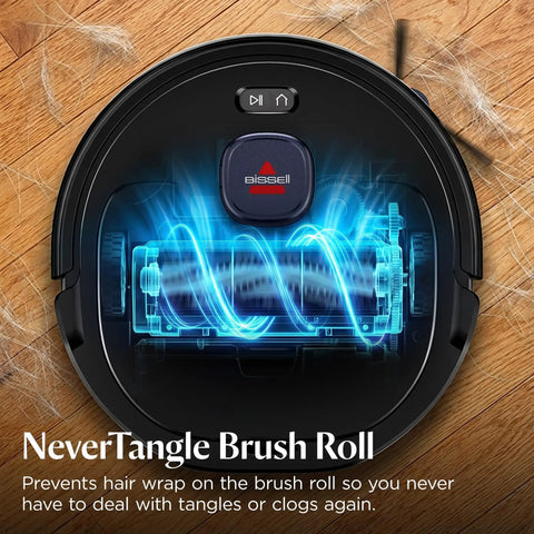 FurForce Robot Vacuum And Mop With No Tangle Pet Brush Roll And LiDAR Navigation For Easy No Fuss Pet Hair Pickup On Hard Floors And Rugs 2X Stronger Suction Liftable Pad 180 Minute Runtime And 60 Day Dust Collection System with glowing brush roll illustration on hardwood floor.