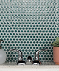 Emerald Penny Round Porcelain Mosaic Tile for Floor and Wall, 11-7/8 x 12-5/8 Inch, Mesh-Mounted Glazed Tiles behind faucet
