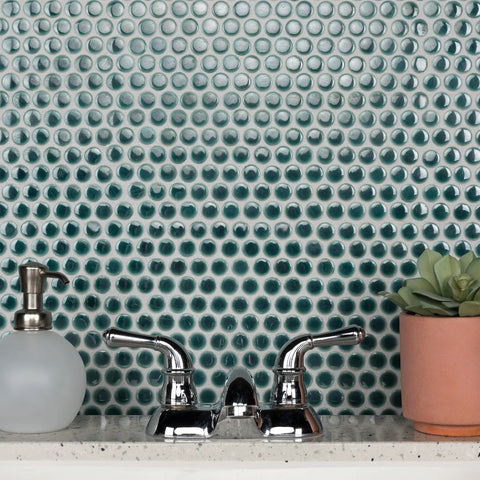 Emerald Penny Round Porcelain Mosaic Tile for Floor and Wall, 11-7/8 x 12-5/8 Inch, Mesh-Mounted Glazed Tiles behind faucet