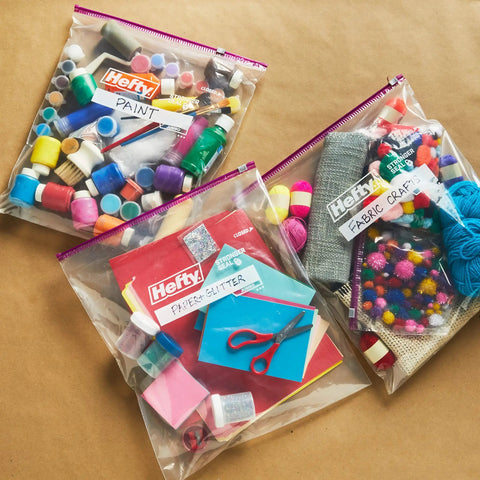 Jumbo 2.5 Gallon Storage Bags with Secure Zip and Writable Label organizing art supplies and crafts for home use.