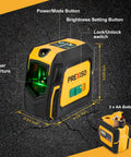 Laser Level With Tripod And Plumb Dots 100 Ft Green Laser Self Leveling Kit With Magnetic Base showing buttons and laser aperture