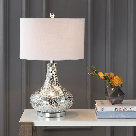 Emilia 26 Inch Mirrored Mosaic LED Table Lamp Contemporary Glam Bedside Desk Nightstand Light That Delivers A Lit Glow For Bedroom Living Room Office College With Soft White LED Bulb Included Easy One Way Switch Silver Finish, on white table.