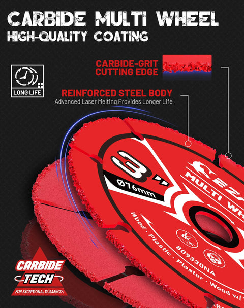 Front view: Carbide Tech 3-inch cut-off wheel, 2-pack for angle grinders; wood, nails, laminate, plastic, plaster