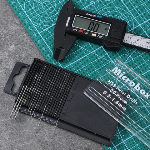 40 Pc Mini Drill Bit Set 0.3Mm To 1.6Mm High Speed Steel HSS with caliper and packaging on mat for Jewelry Making and DIY Projects