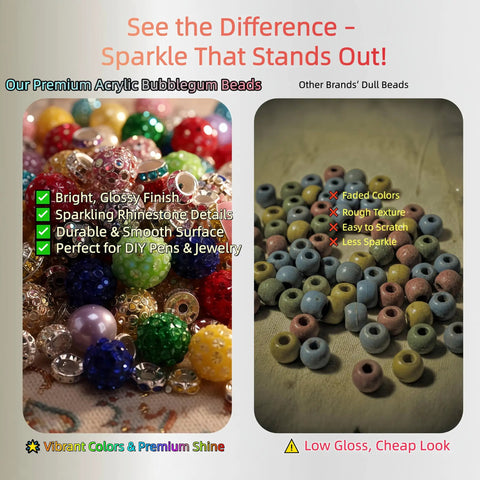 Comparison of beadable pen kit with 210 piece set featuring vibrant bubblegum beads versus dull beads.