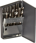 Heavy Duty Pro Grade High Speed Steel Jobber Length Drill Bit And Spiral Point Tap Set With Metal Case Uncoated Bright Finish 18 Piece shown in open metal case, displaying drill bits and taps.