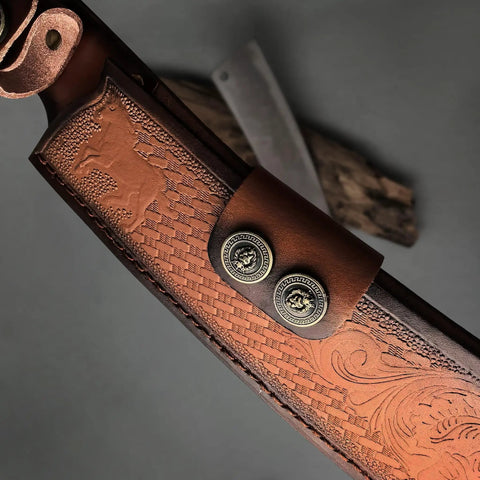 Leather sheath of Beefy Dual Purpose Kitchen And Outdoor Cleaver For Bone Chopping And Bushcraft Wood Splitting Ultra Sharp 80 Degree Blade