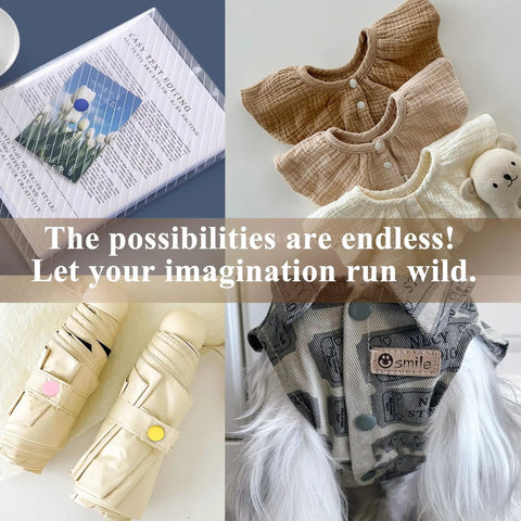Clothing and accessories displayed, including baby shirts, fur-trimmed garment, and rolled fabric with T5 plastic snap buttons.