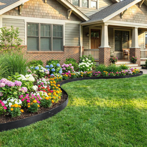 Metal Garden Edging For Landscaping 33 Ft Pack With Wrench And Gloves Included Easy Install Borders For Yard Pathways And Flower Beds Black 10 Pack Durable Steel Edging For Clean Low Maintenance Lawn And Garden Borders enhancing a colorful flower bed