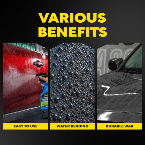 Easy Spray On Ceramic Wax For Cars With SiO2 Hybrid Barrier Technology showing application, water beading, and durable finish