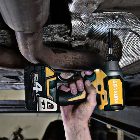 GEINXURN cordless impact driver with yellow and black body and magnetic bit holder, undercar view.