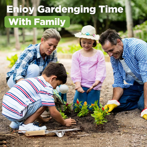 Family gardening together with kids, enjoying quality time with plants and tools including a weed puller tool with wood handle.