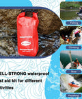 WELL-STRONG waterproof first aid kit roll-top bag, red, front view on rocks by water