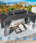Hardtop 10x15 Gazebo With Curtains And Netting Heavy Duty Galvanized Steel Roof Outdoor Patio Pavilion For Backyard Deck And Hot Tub On Clearance Black, showing installed view with surrounding furniture.