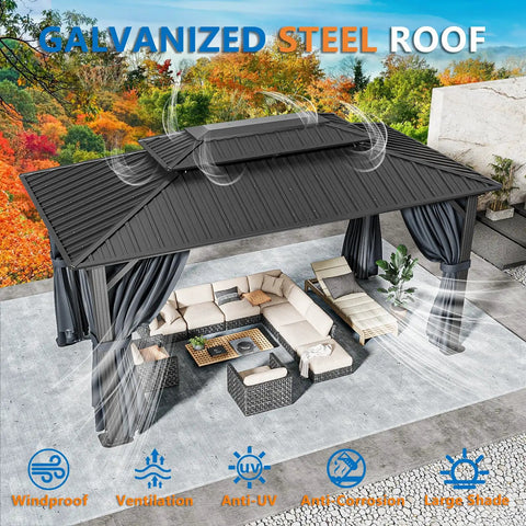Hardtop 10x15 Gazebo With Curtains And Netting Heavy Duty Galvanized Steel Roof Outdoor Patio Pavilion For Backyard Deck And Hot Tub On Clearance Black, showing installed view with surrounding furniture.