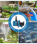 Collage with the Workhorse High Flow Pond Pump 1600 GPH With 14 Ft Lift, 100W Submersible Water Pump showcasing pond, waterfall, fountain, and aquarium use.