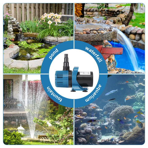 Collage with the Workhorse High Flow Pond Pump 1600 GPH With 14 Ft Lift, 100W Submersible Water Pump showcasing pond, waterfall, fountain, and aquarium use.