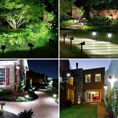 Solar Spotlight 40 LED Outdoor Lights illuminating garden, pathway, and house with IP65 waterproof feature, 3-Pack