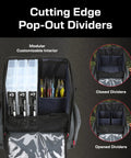 Largemouth 3.0 Tackle Backpack With Patent Pending Modular Dividers, open interior showing rod holders and drift trays