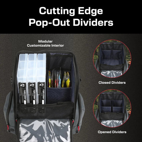 Largemouth 3.0 Tackle Backpack With Patent Pending Modular Dividers, open interior showing rod holders and drift trays