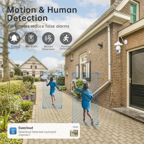 2K Light Bulb Camera With 5G And 2.4G WiFi installed on outdoor wall monitoring person with motion detection feature