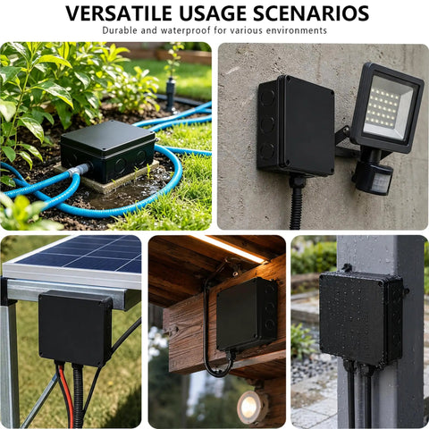 Rugged Outdoor Junction Box IP65 Weatherproof ABS Project Case With Two M24 Cable Glands Dustproof Black Electronics Enclosure For Outdoor Use Built To Last Electrical Housing For Outdoor Equipment 5.9 By 5.9 By 2.8 Inches used in garden, solar, and wall installs