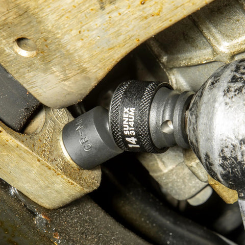 Close-up of Three Eighth Inch Drive Universal Impact Socket Set in use, 14mm, Cr Mo Alloy Steel, radius corner design in machinery.