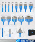 Tile hole saw kit with 16 blue diamond-coated drill bits (6–65 mm) and a blue carrying case.