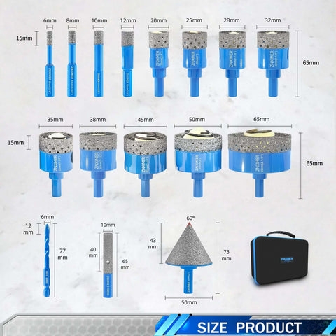 Tile hole saw kit with 16 blue diamond-coated drill bits (6–65 mm) and a blue carrying case.