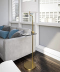 Brass Finish USB Floor Lamp With Built In Tray And USB Port For Easy Charging Tall Standing Light Beside Grey Sofa