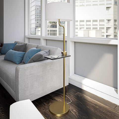 Brass Finish USB Floor Lamp With Built In Tray And USB Port For Easy Charging Tall Standing Light Beside Grey Sofa