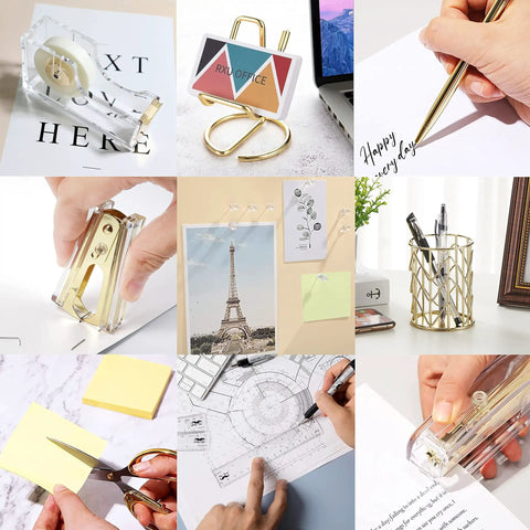 Gold Desk Accessories Set With Acrylic Stapler, Staple Remover, Tape Holder, Pen Holder, Pen, Scissors, Clips, Staples, Phone Holder, Ruler, Glue, Notes