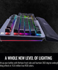 Premium Gaming Keyboard With Clicky Cherry Mx Blue Switches And Dope Rgb Backlighting, RGB lighting effects, aluminum frame, wrist rest view.