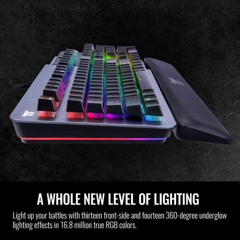 Premium Gaming Keyboard With Clicky Cherry Mx Blue Switches And Dope Rgb Backlighting, RGB lighting effects, aluminum frame, wrist rest view.