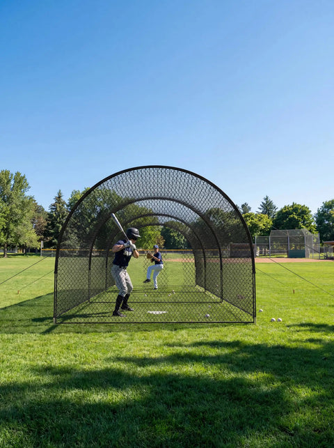33 Ft Baseball Batting Cage With Frame And Net For Backyard Or Field Practice Hitting And Pitching, two players practicing.
