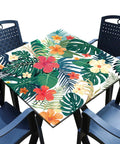 Elastic Edge Square Fitted Tablecloth With Tropical Palm Leaves Card Table Cover For Outdoor And Indoor Use Wipeable Polyester Fits 34x34 Or 36x36 Inch Card Tables For Chill Kitchen Decor showing a colorful floral pattern on a square table with chairs.