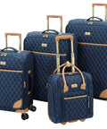 Queensbury 4 Piece Luggage Set Navy Expandable Spinner Suitcases With Lightweight Aluminum Handles 20 Inch Carry On 24 Inch 28 Inch And 15 Inch Underseat Bag Durable Quilted Polyester Travel Gear displayed